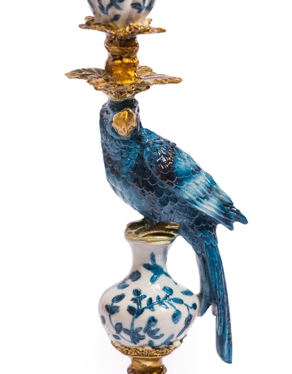 Ornate Parrot Candle Holder Pair – Blue & White