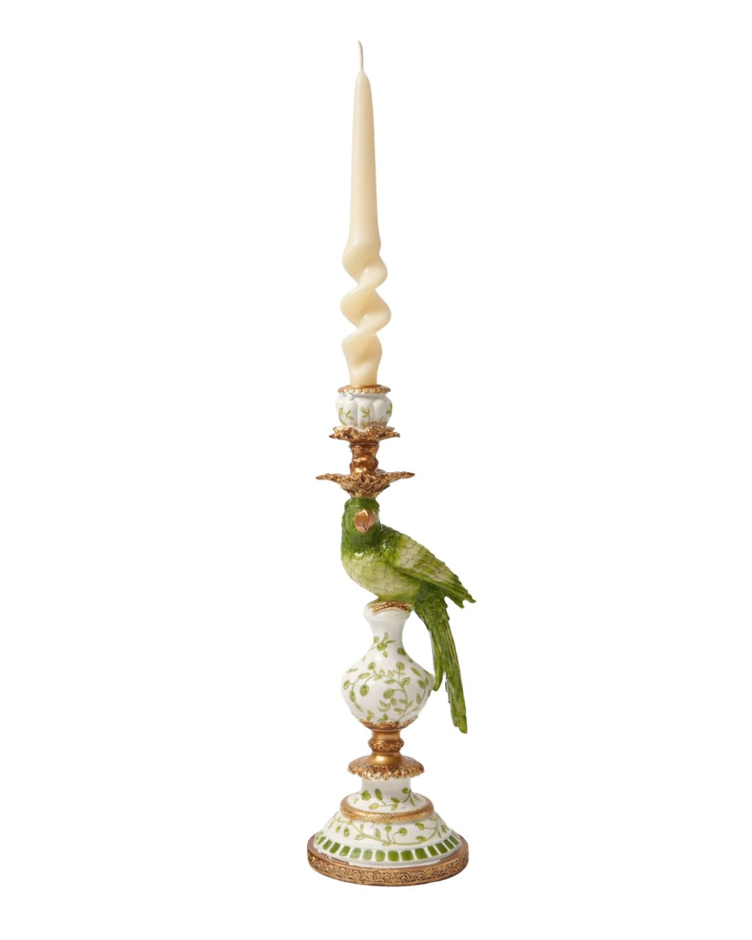 Ornate Parrot Candle Holder – Green & White, Right Facing