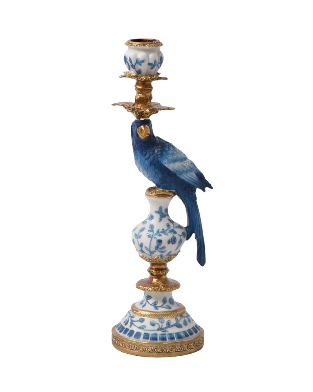Ornate Parrot Candle Holder – Blue & White, Right Facing
