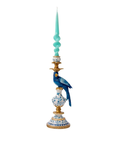 Ornate Parrot Candle Holder – Blue & White, Right Facing