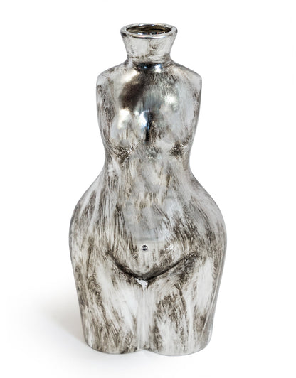 Sculpted Female Body Ceramic Vase – Antique Silver, Large