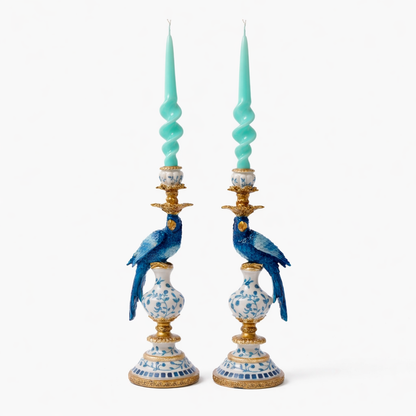 Ornate Parrot Candle Holder Pair – Blue & White