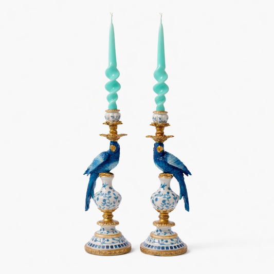 Ornate Parrot Candle Holder Pair – Blue & White
