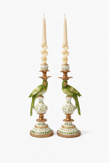 Ornate Parrot Candle Holder – Green & White, Right Facing