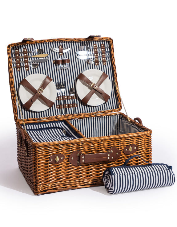 Pinstripe Picnic Hamper for Four – Leather Handle Set