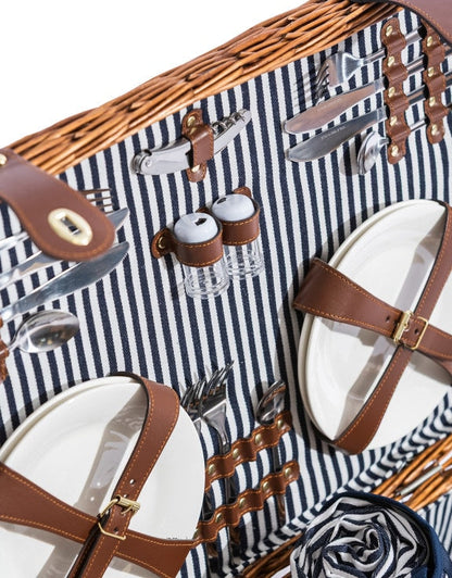 Pinstripe Picnic Hamper for Four – Leather Handle Set