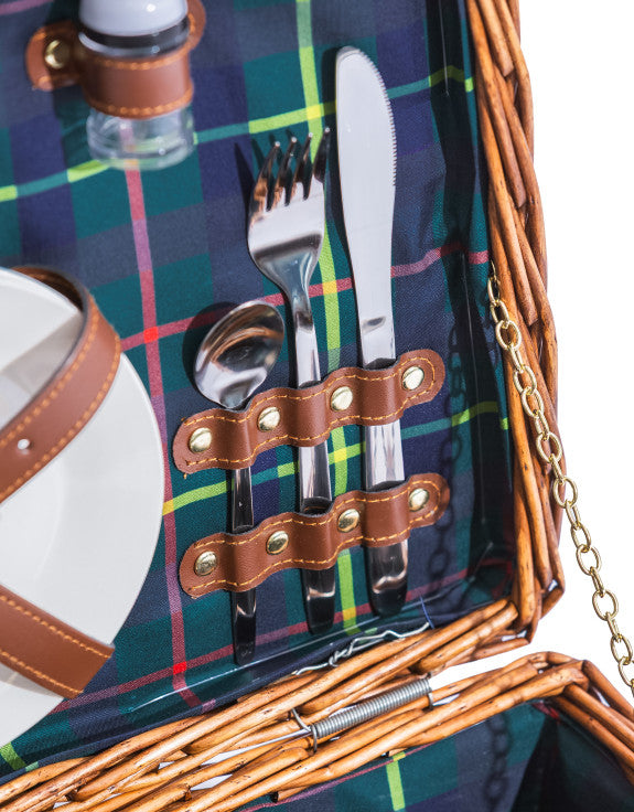 Tartan Picnic Hamper for Two – Leather Handle Set