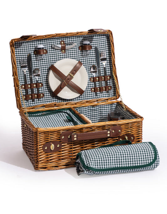 Gingham Picnic Hamper for Two – Leather Handle Set