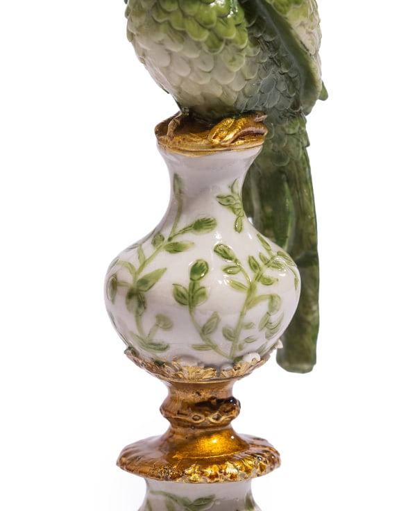 Ornate Parrot Candle Holder – Green & White, Right Facing