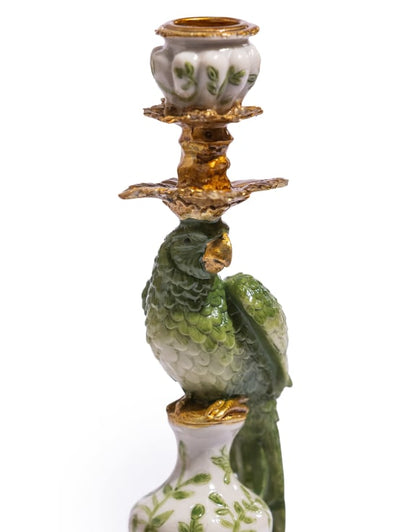 Ornate Parrot Candle Holder – Green & White, Right Facing