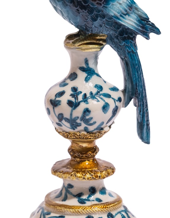 Ornate Parrot Candle Holder – Blue & White, Right Facing