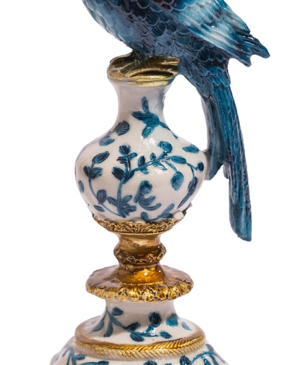 Ornate Parrot Candle Holder – Blue & White, Right Facing