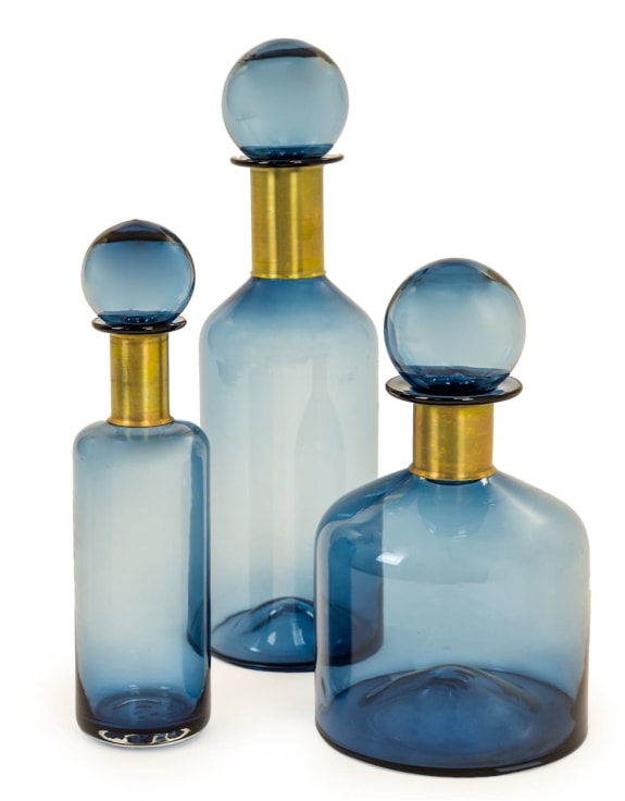 Tall Apothecary Glass Bottle – Blue with Brass Neck